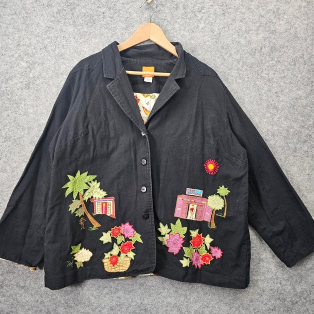 Black Blazer Jacket Womens 2X Tropical Applique Art Whimsy Floral HEARTS OF PALM
